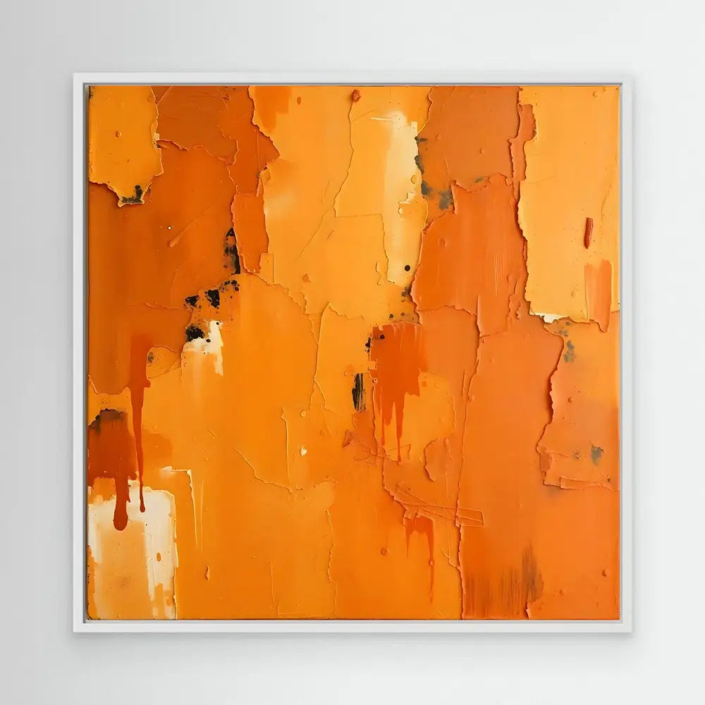 Abstract orange painting with peeling and dripping textural effects in a white frame.