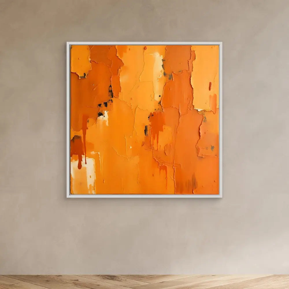 Abstract orange painting with textured brushstrokes in a white frame.