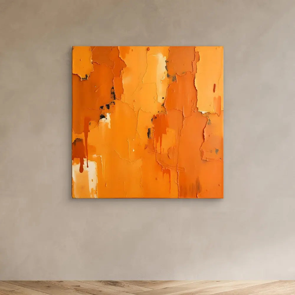 Abstract orange painting with textured, peeling layers mounted on a wall.