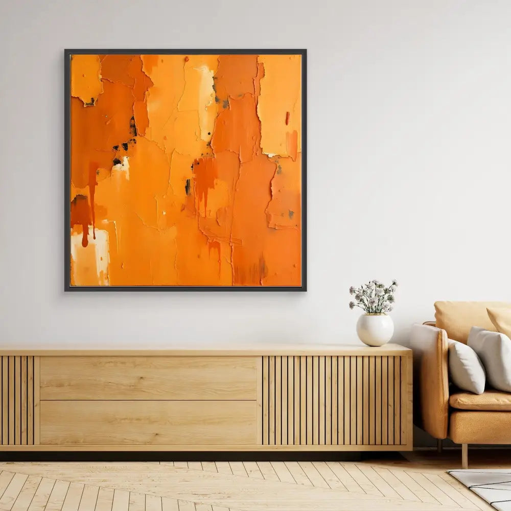 Abstract orange painting with textured vertical streaks in a black frame.