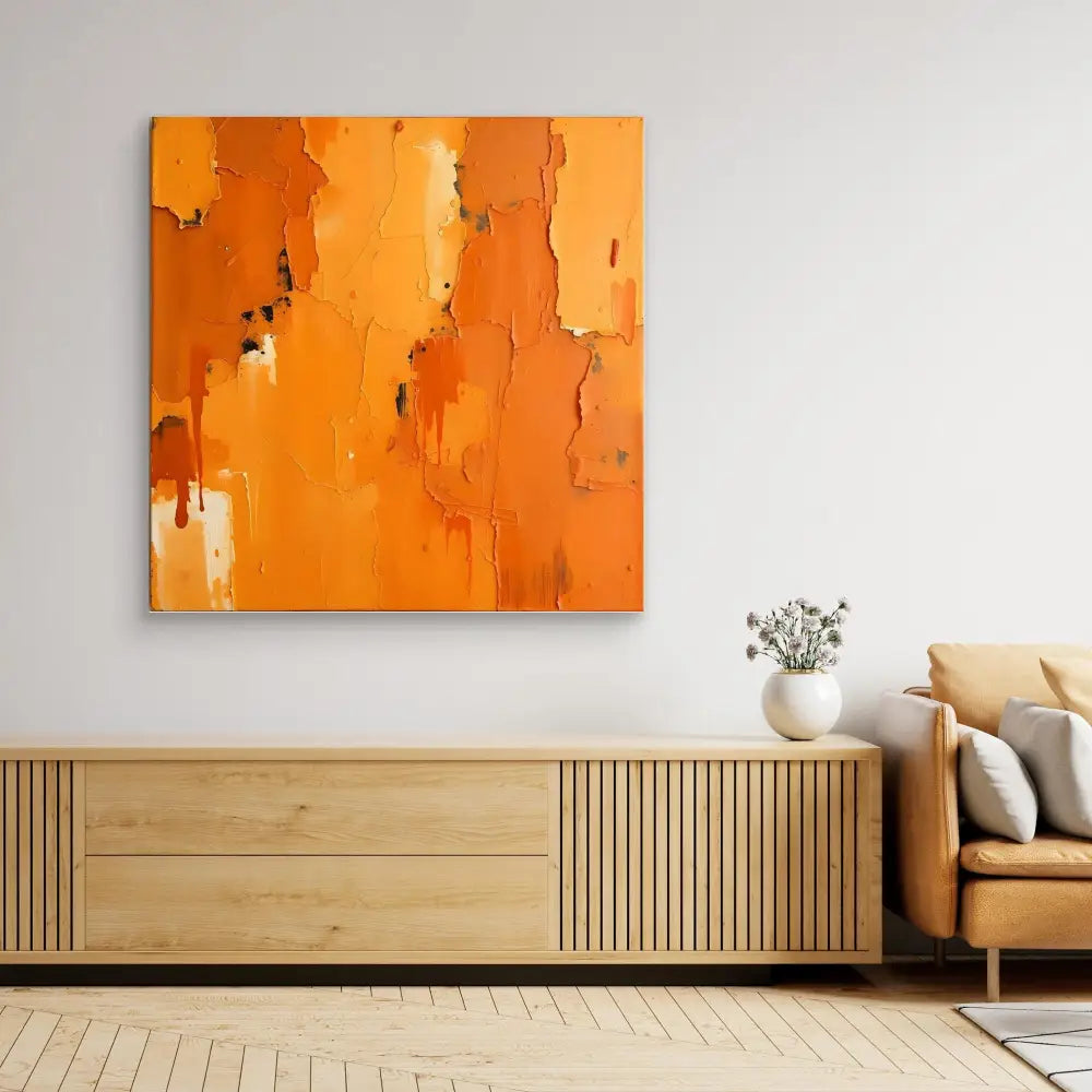 Abstract orange painting with vertical dripping textures and color variations.