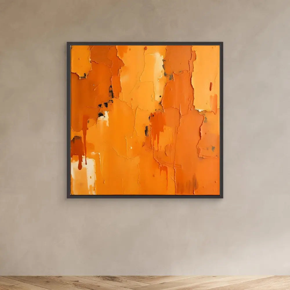 Abstract orange painting with vertical dripping textures in a dark frame.