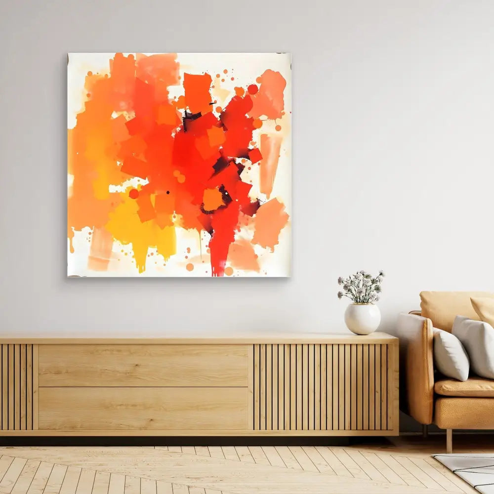 Abstract orange and red watercolor painting on white canvas.