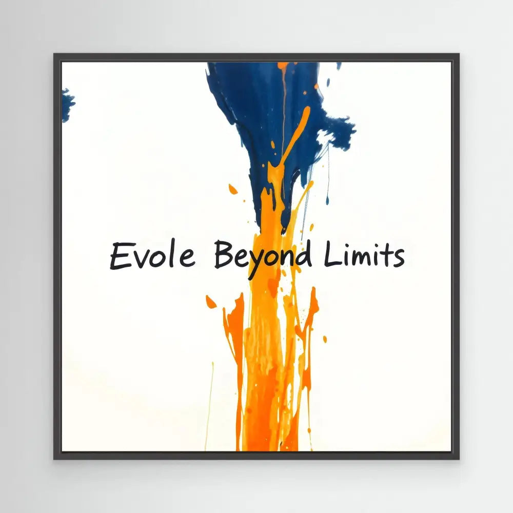 Abstract paint splash in blue and orange with black text reading ’Evole Beyond Limits’