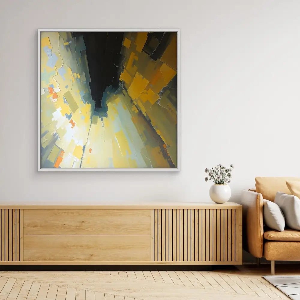 Abstract painting featuring angular yellow and black shapes with dramatic contrast.