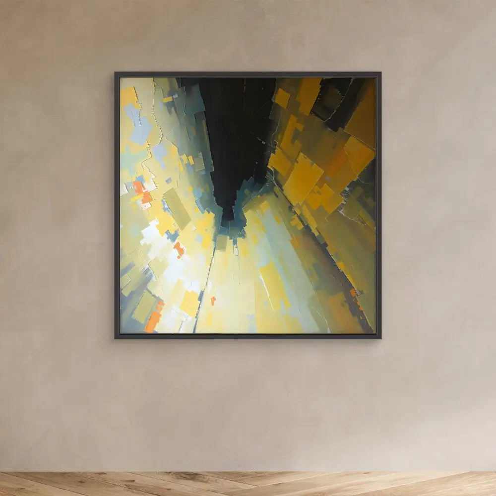 Abstract painting featuring angular yellow, black and pale blue geometric shapes converging toward a central point.