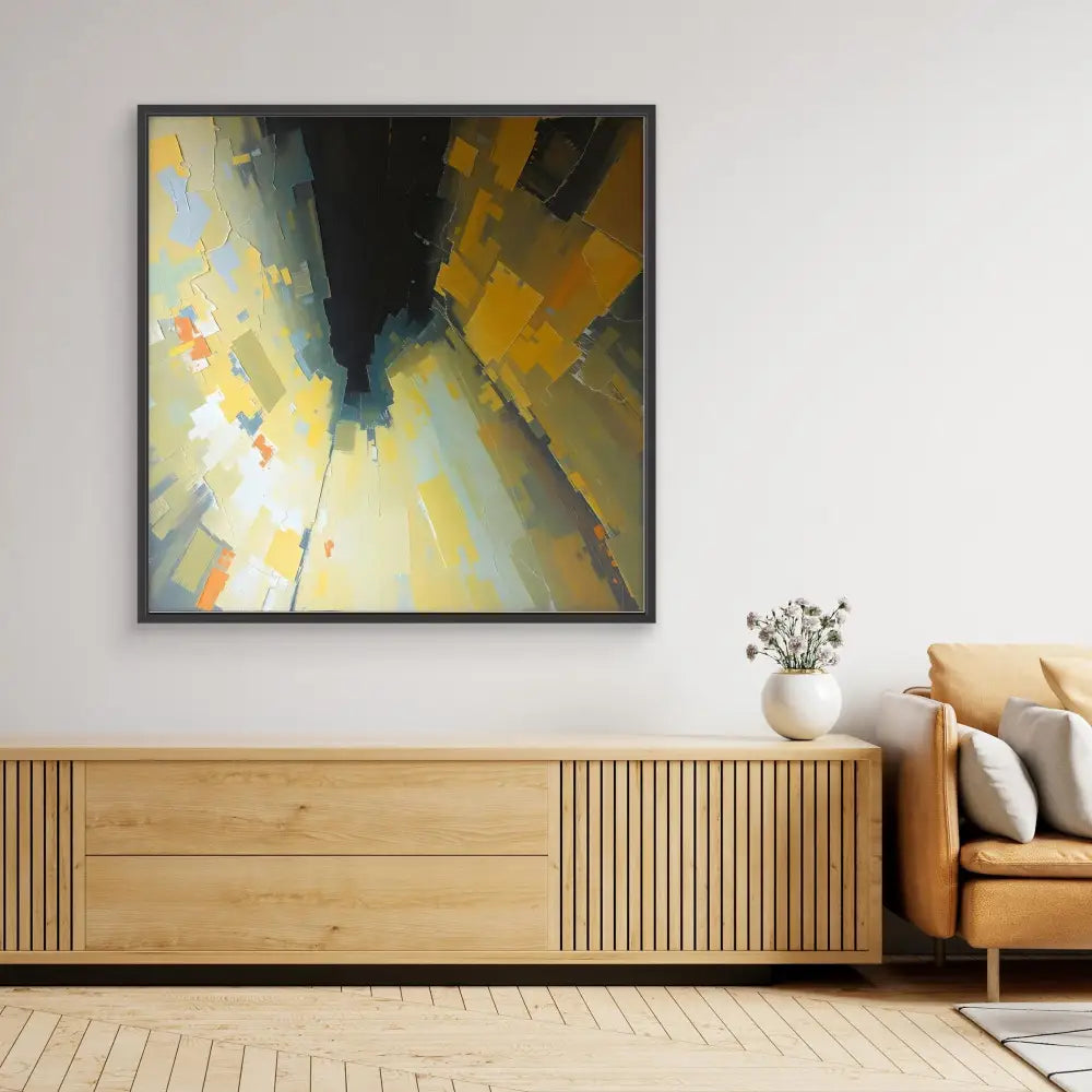 Abstract painting featuring angular yellow and black geometric shapes with dramatic contrast.