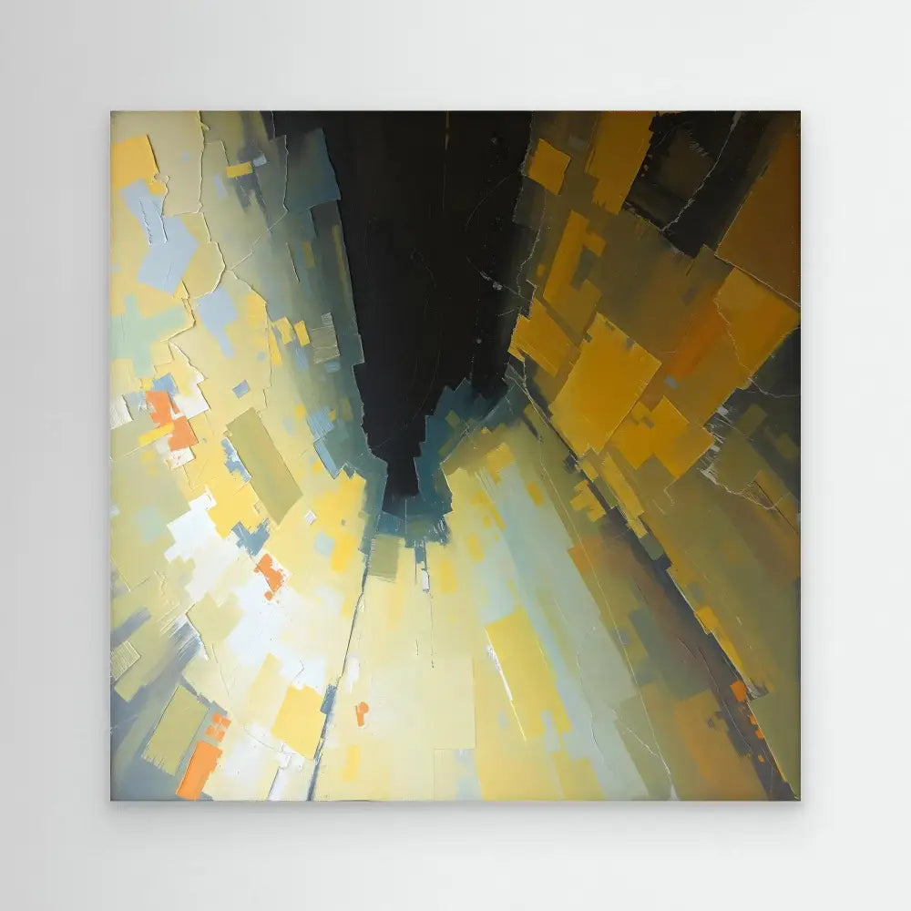 Abstract painting featuring angular yellow and gray geometric shapes converging toward a dark center.