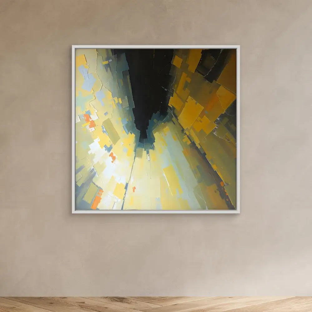 Abstract painting featuring angular yellow, white and dark geometric shapes converging toward a central point.