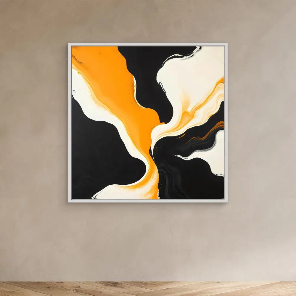 Abstract painting featuring flowing black, orange and white curved shapes in a silver frame.