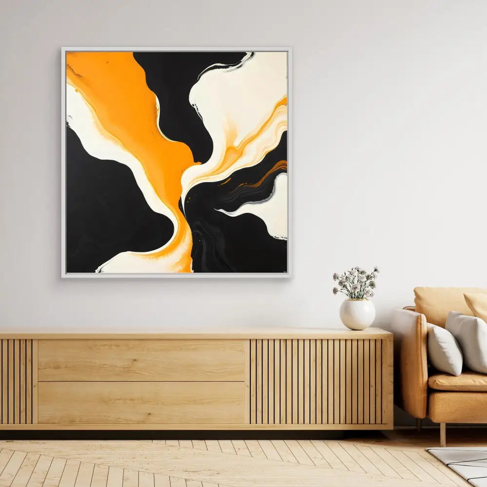 Abstract painting featuring flowing black, white and orange fluid shapes.