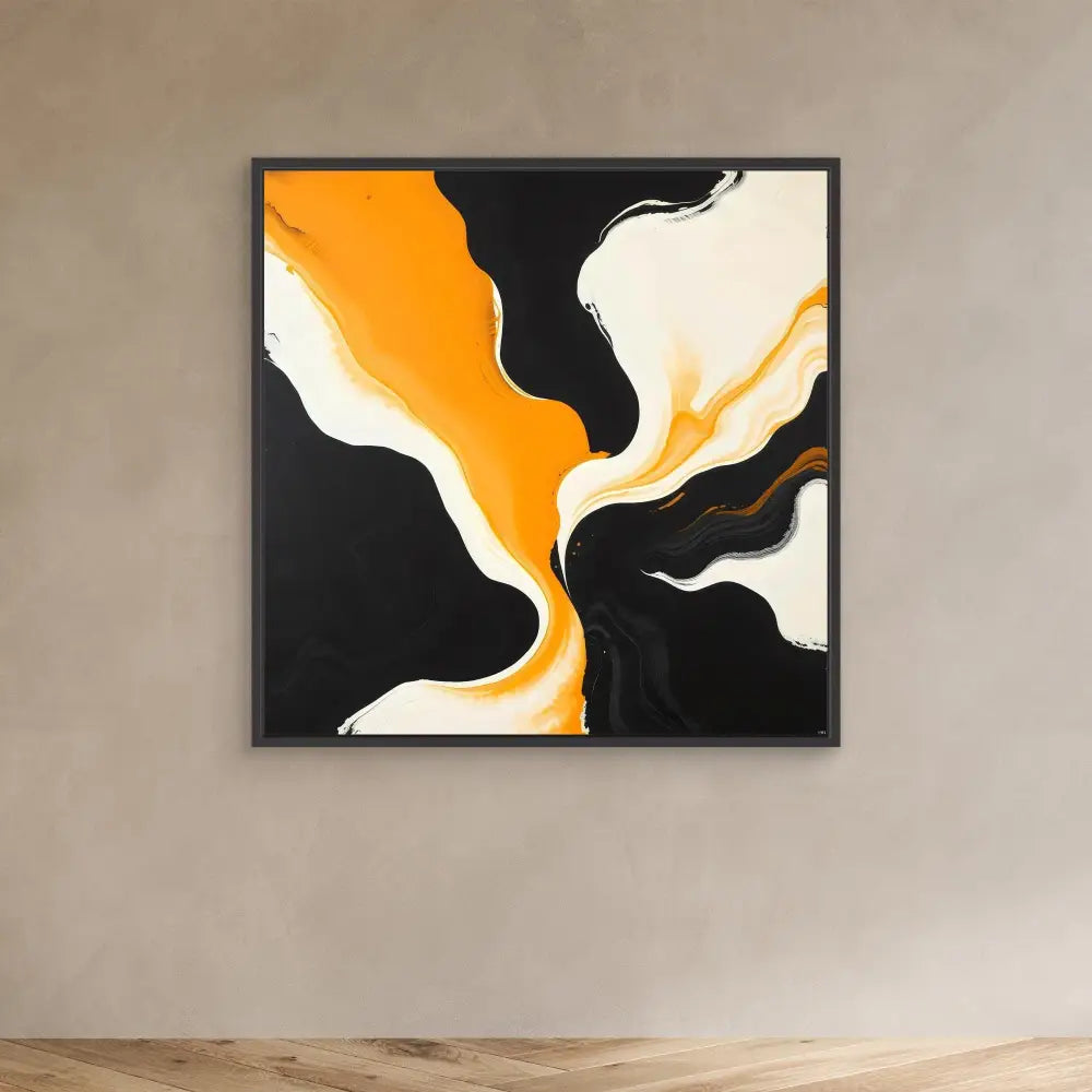 Abstract painting featuring flowing black, white and orange shapes in a dynamic composition.