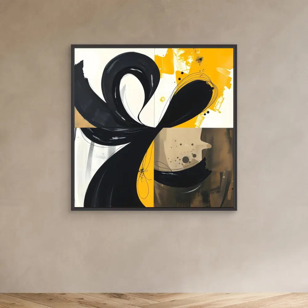 Abstract painting featuring bold black brushstrokes against white and yellow color blocks.