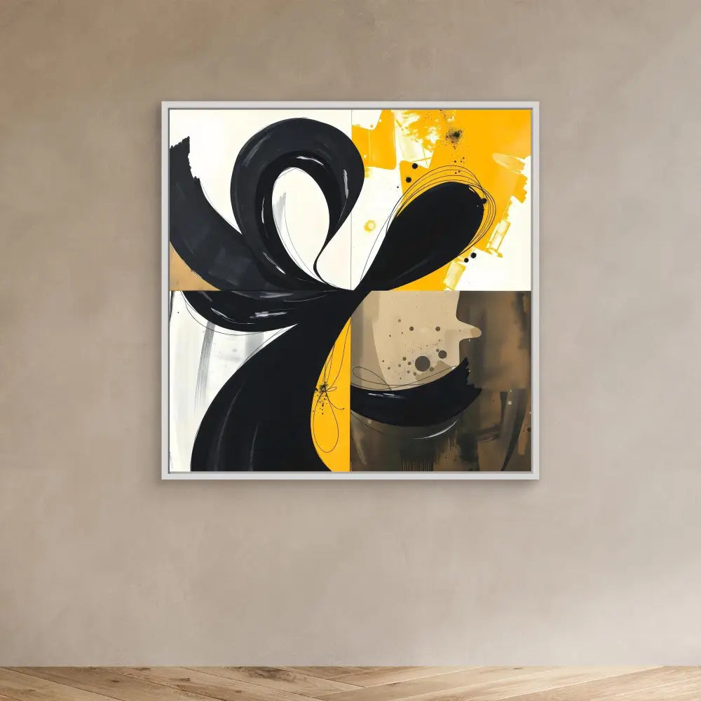 Abstract painting featuring bold black brushstrokes against white and yellow sections.