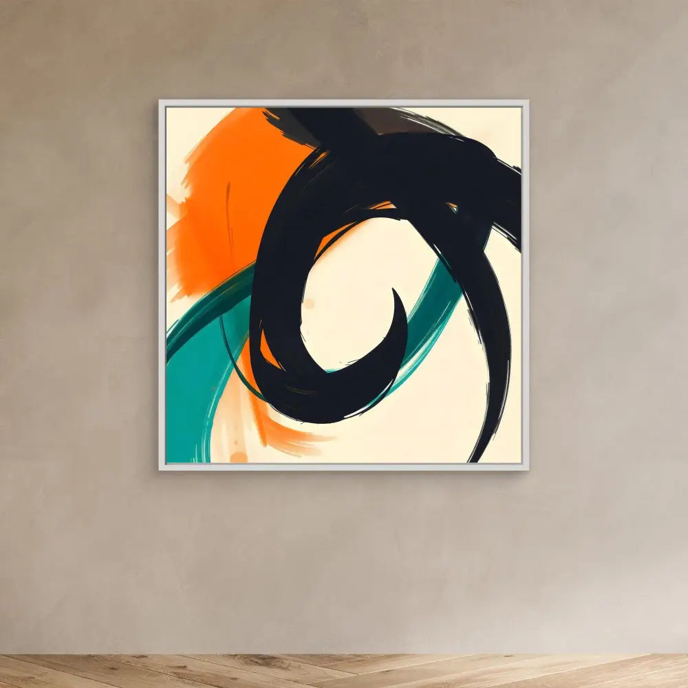 Abstract painting featuring bold curved black brushstrokes with orange and teal accents.