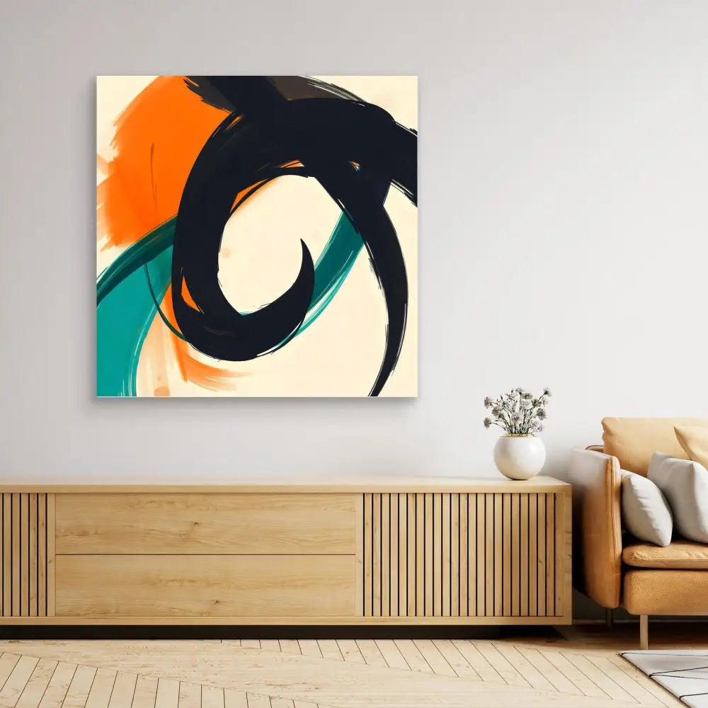 Abstract painting featuring bold curved black brushstrokes with orange and teal accents.