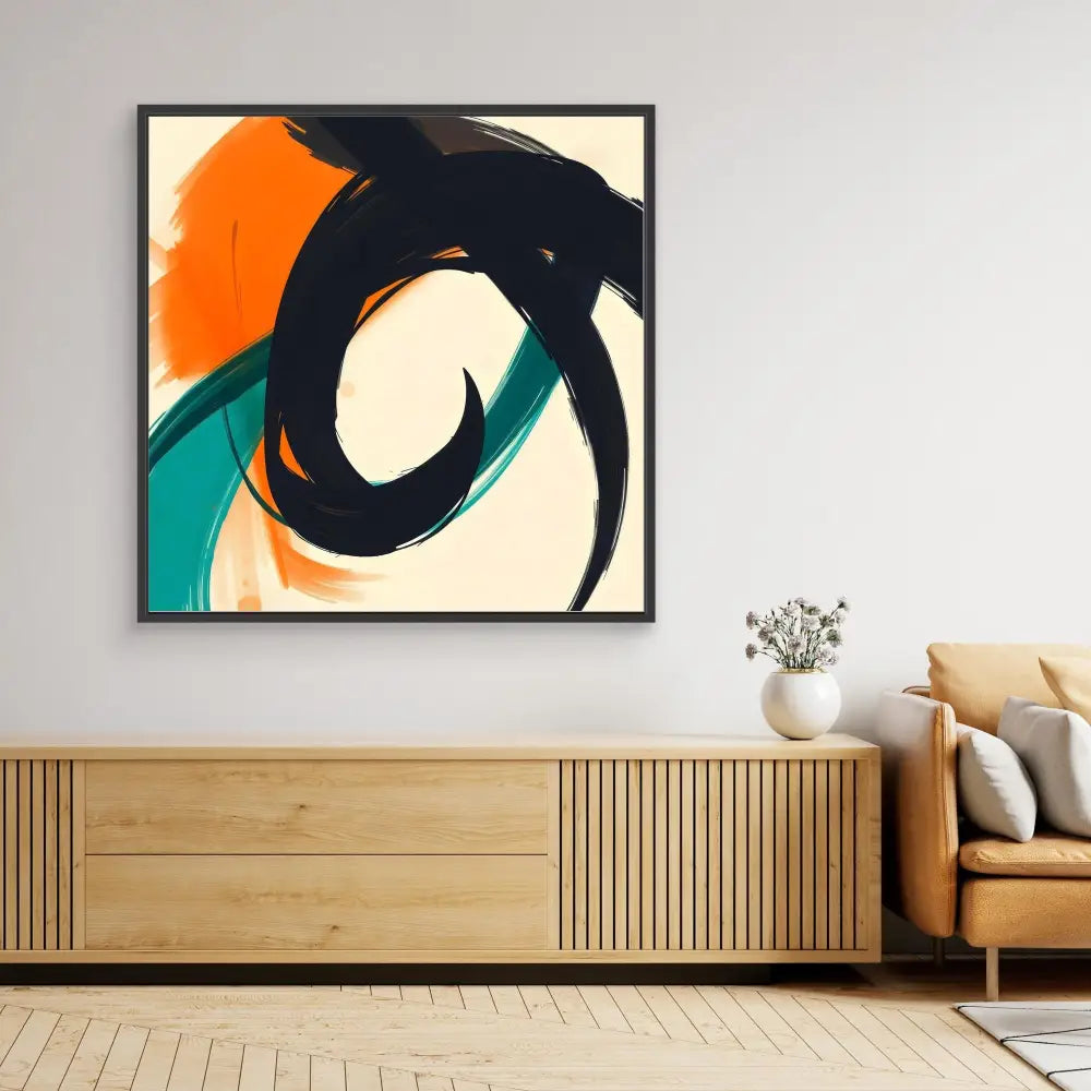 Abstract painting featuring bold curved black brushstrokes with orange and teal accents in a square frame.