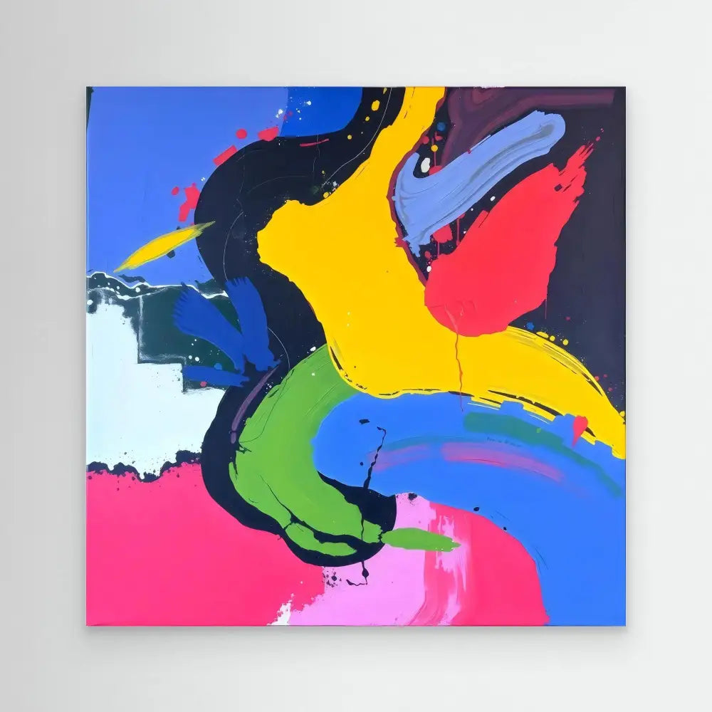 Abstract painting with bold, curved brushstrokes in yellow, blue, pink, green, and black colors.