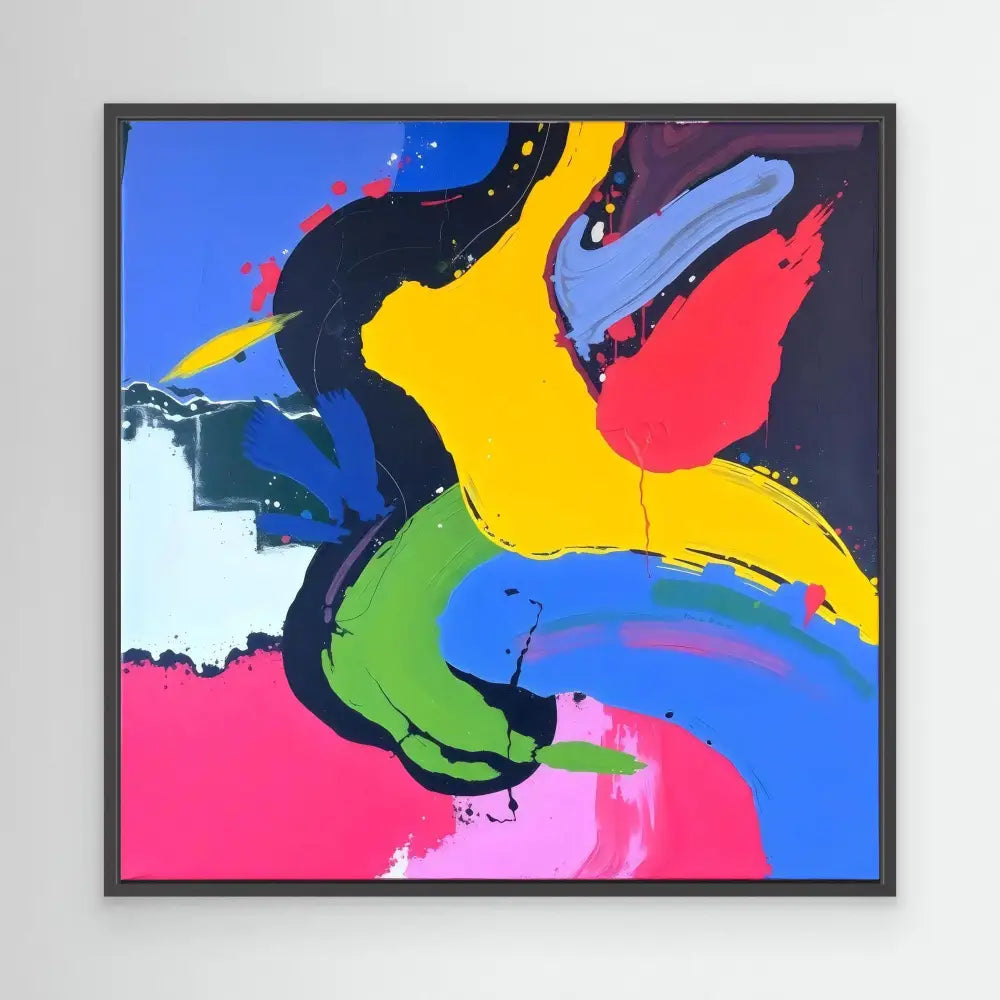 Abstract painting featuring bold curved shapes in vibrant yellow, pink, blue, and green colors.