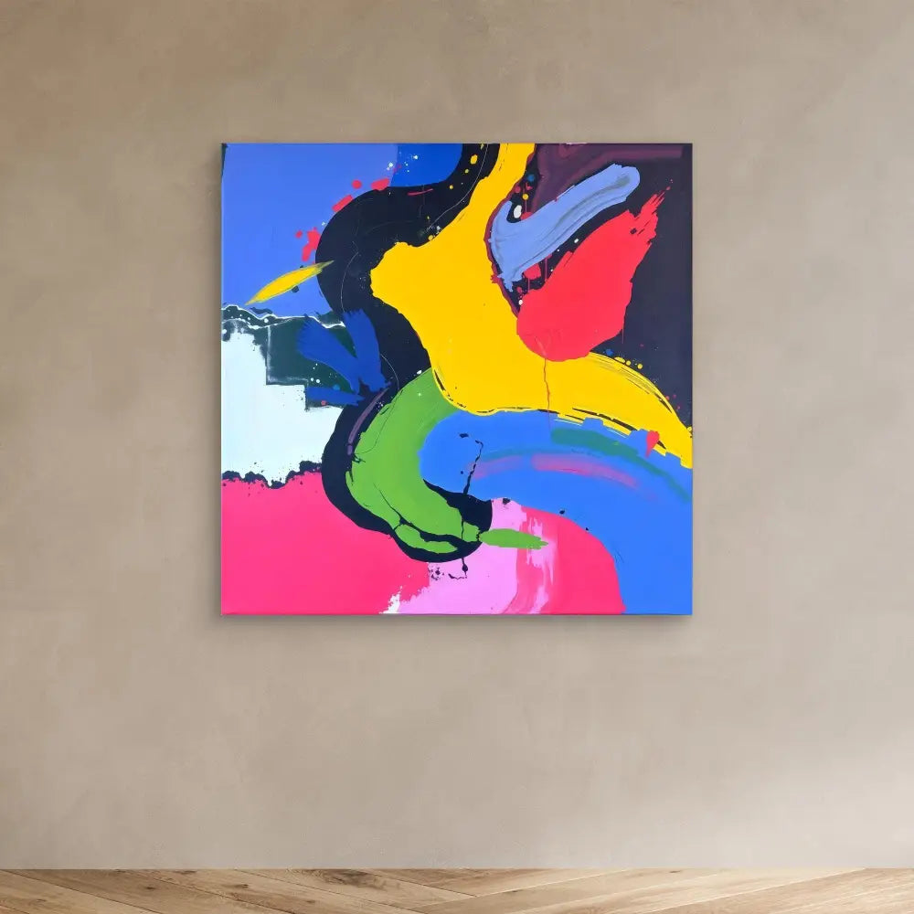 Abstract painting featuring bold, curved shapes in yellow, blue, pink, green, and black colors.