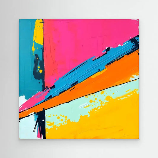 Abstract painting with bold diagonal stripes in pink, orange, blue, and yellow.