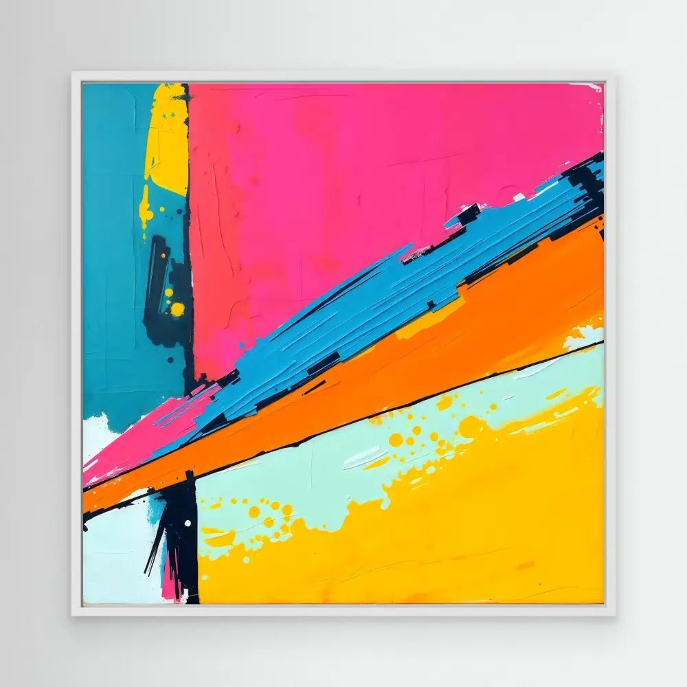 Abstract painting with bold diagonal stripes in pink, orange, blue, and yellow.