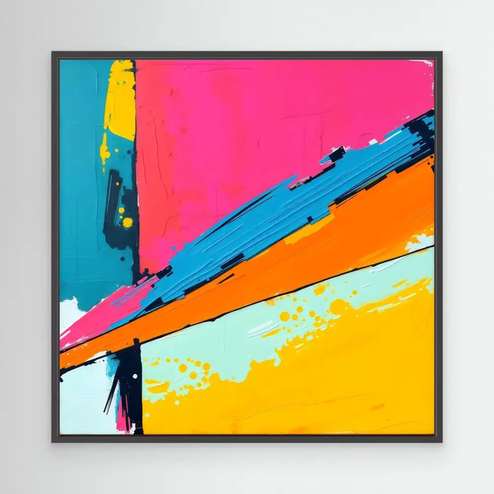 Abstract painting with bold diagonal stripes in vibrant pink, orange, yellow, and blue colors.