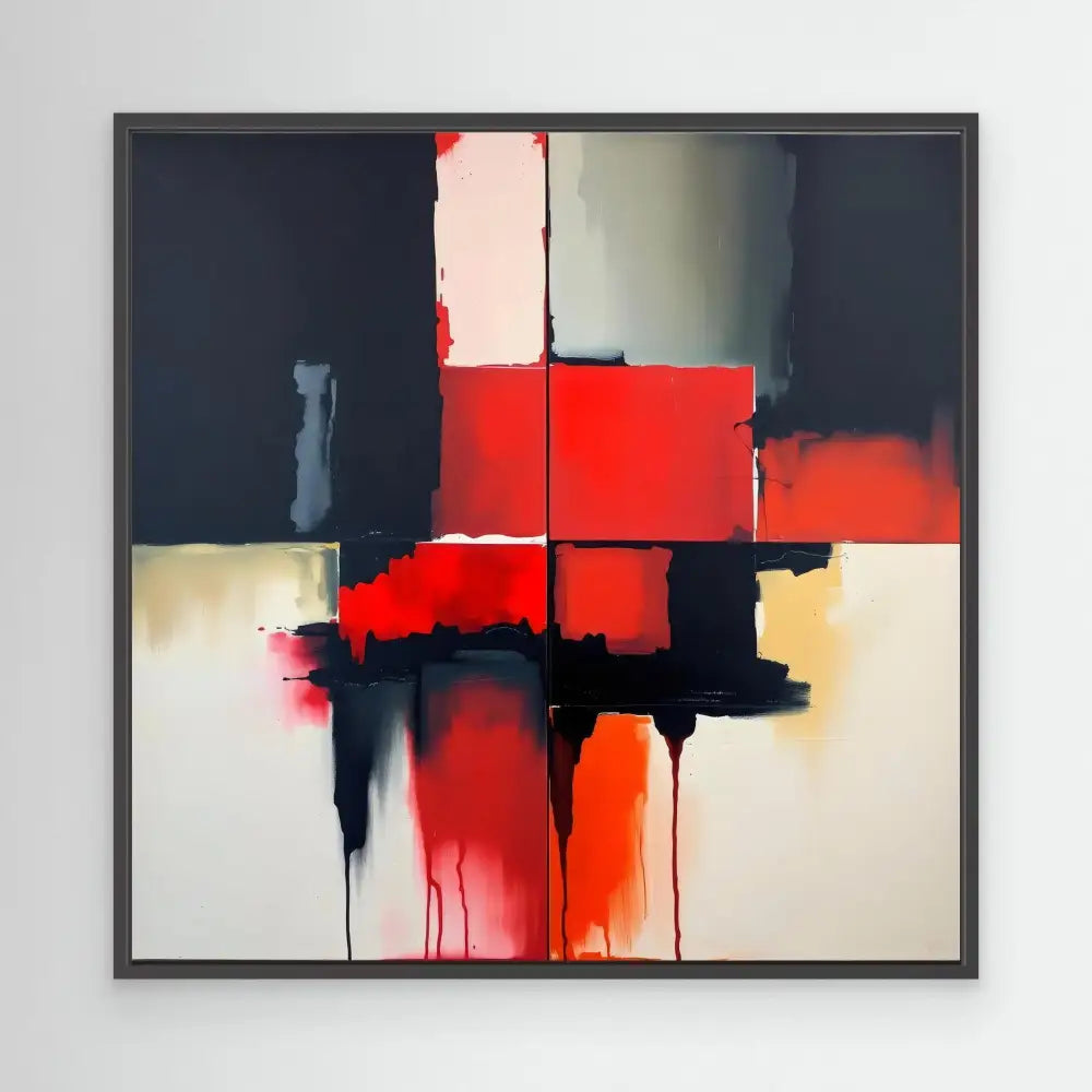 Abstract painting featuring bold geometric shapes in red, black, and cream colors with dripping paint effects.