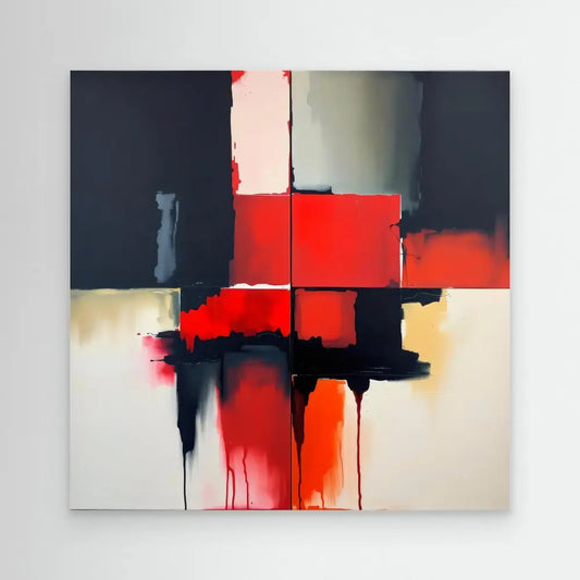 Abstract painting featuring bold geometric shapes in red, black, and cream colors with dripping paint effects.