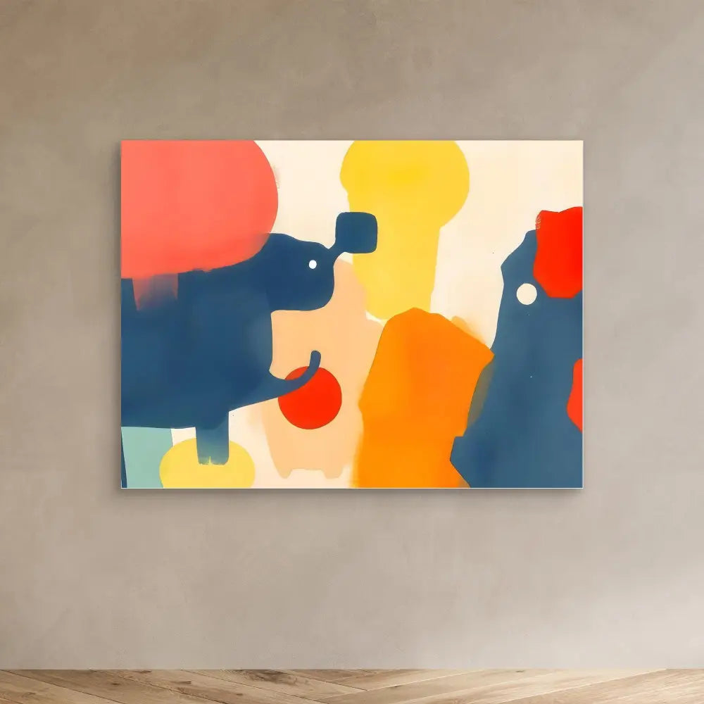 Abstract painting featuring bold geometric shapes in blue, red, orange, and yellow colors.