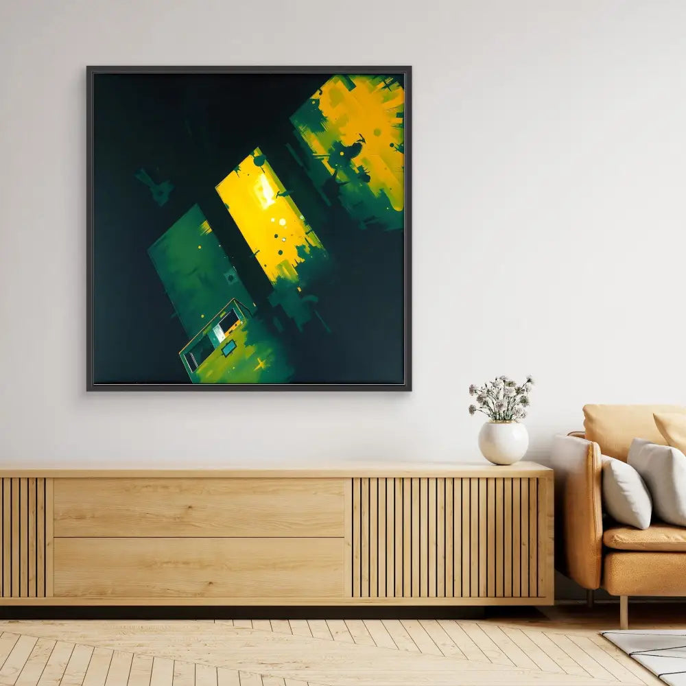 Abstract painting featuring bold green and yellow diagonal shapes against a dark background.