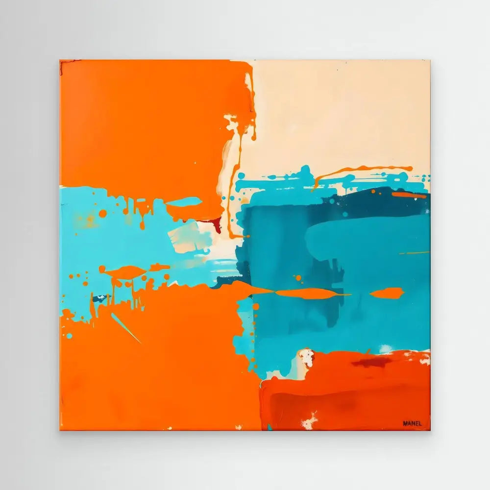 Abstract painting featuring bold orange and turquoise brushstrokes with white accents.