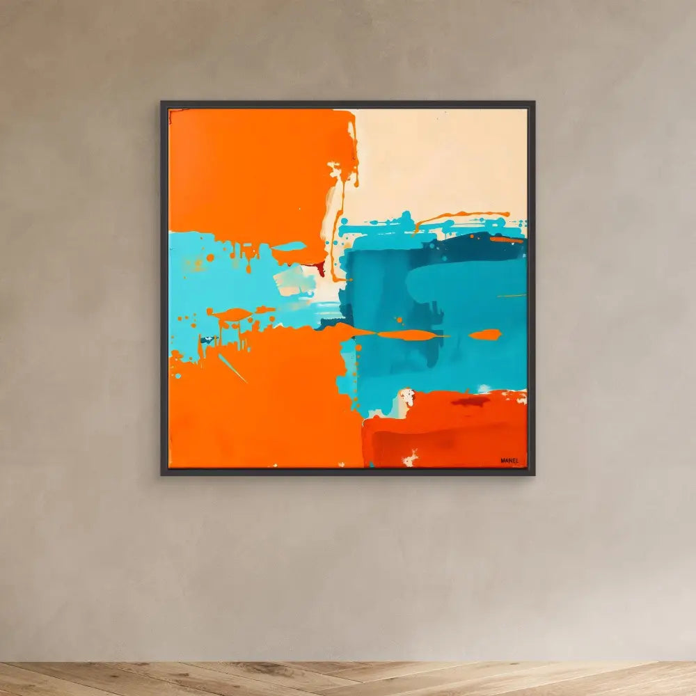 Abstract painting featuring bold orange and turquoise brushstrokes in a black frame.