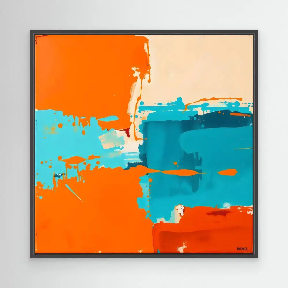 Abstract painting featuring bold orange and turquoise brushstrokes in a contrasting composition.