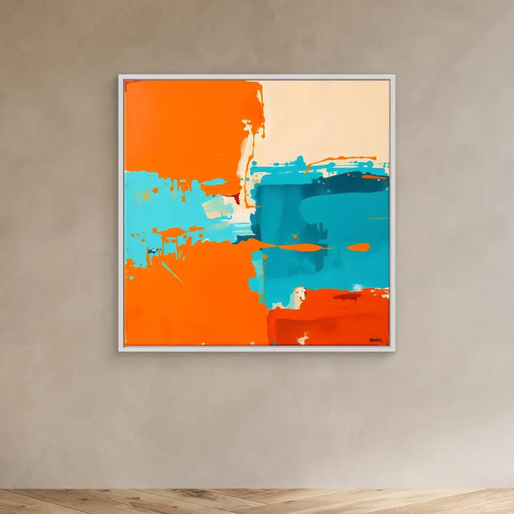 Abstract painting featuring bold orange and turquoise brushstrokes in a square frame.