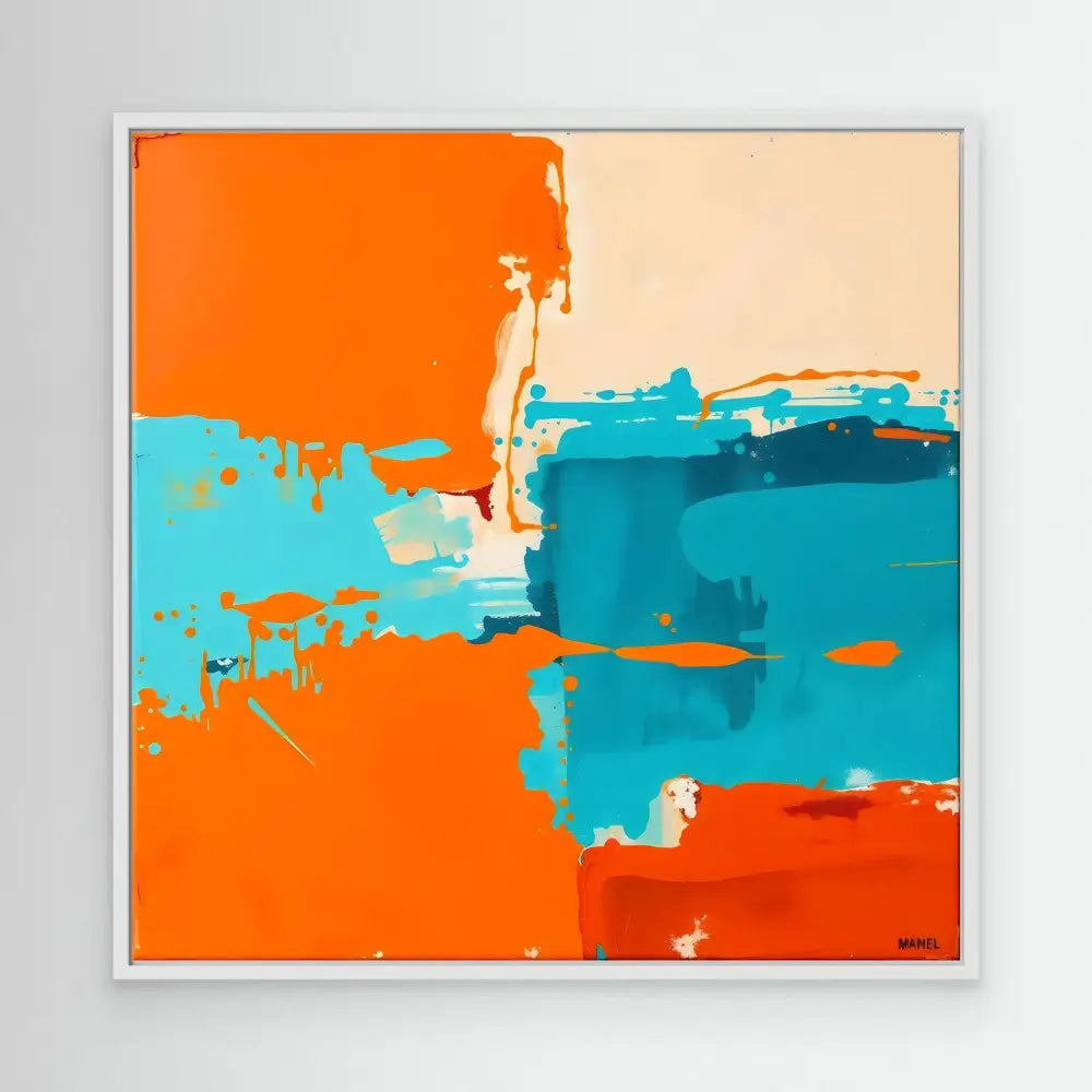 Abstract painting featuring bold orange and turquoise brushstrokes with white accents.