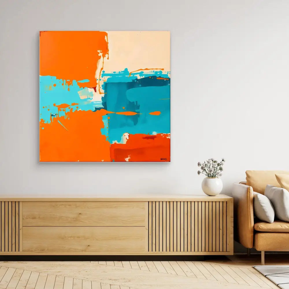 Abstract painting featuring bold orange and turquoise brushstrokes on a beige canvas.