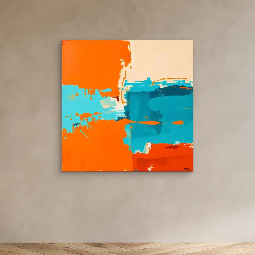 Abstract painting featuring bold orange and turquoise brushstrokes on a beige canvas.