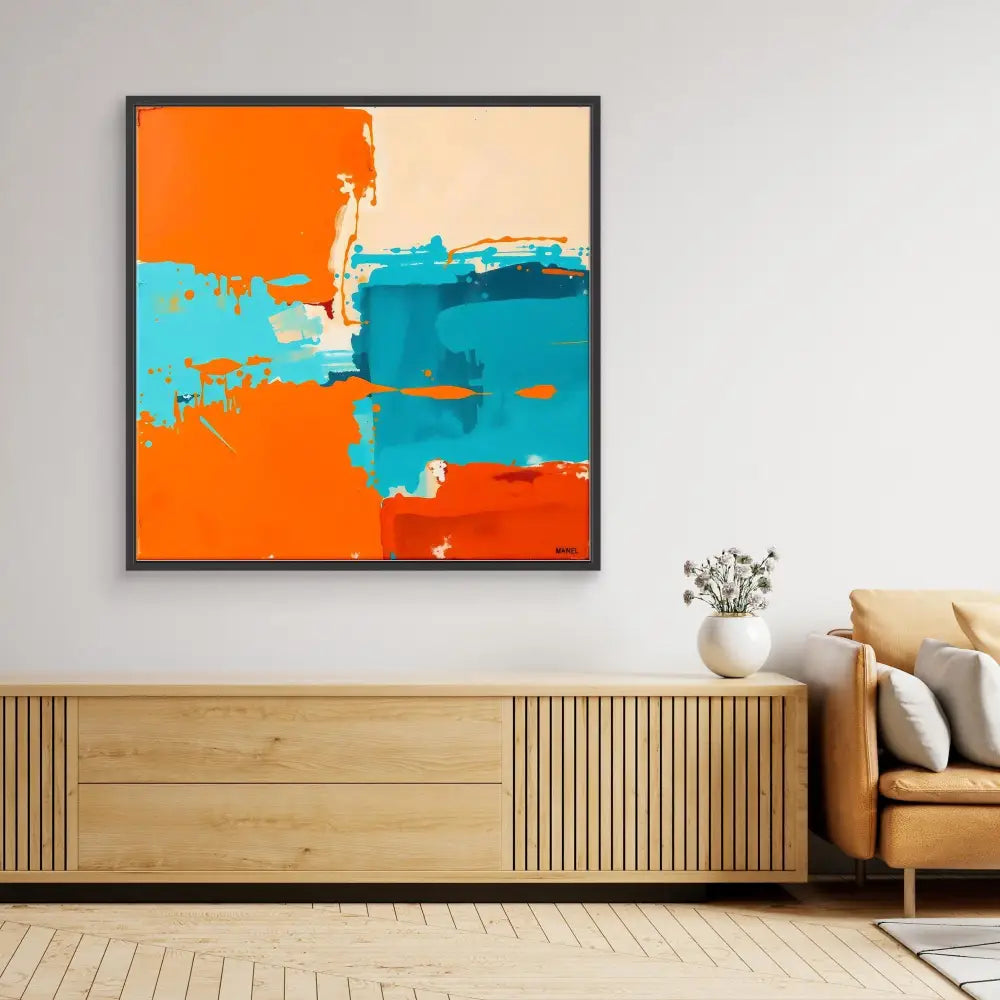 Abstract painting featuring bold orange and turquoise brushstrokes in a black frame.