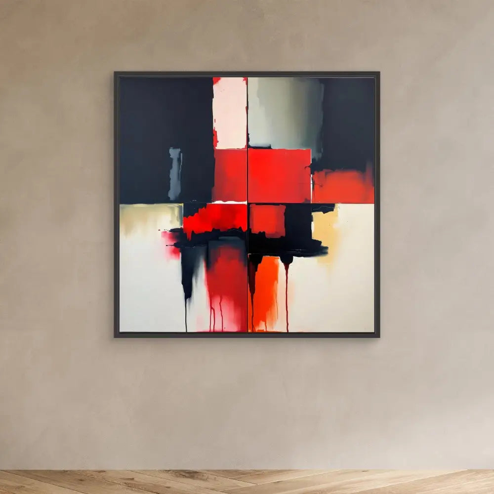 Abstract painting featuring bold red, black and white geometric shapes with dripping paint effects.