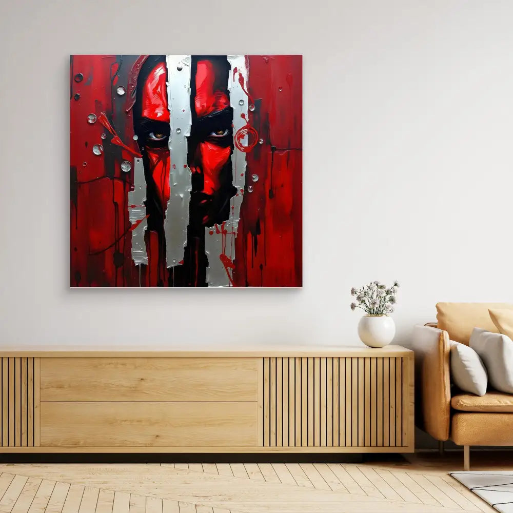 Abstract painting featuring bold red and black tones with vertical white streaks.