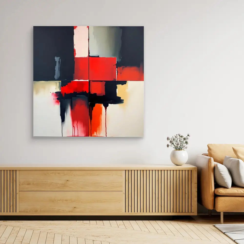 Abstract painting featuring bold red, black and white geometric shapes with dripping paint effects.