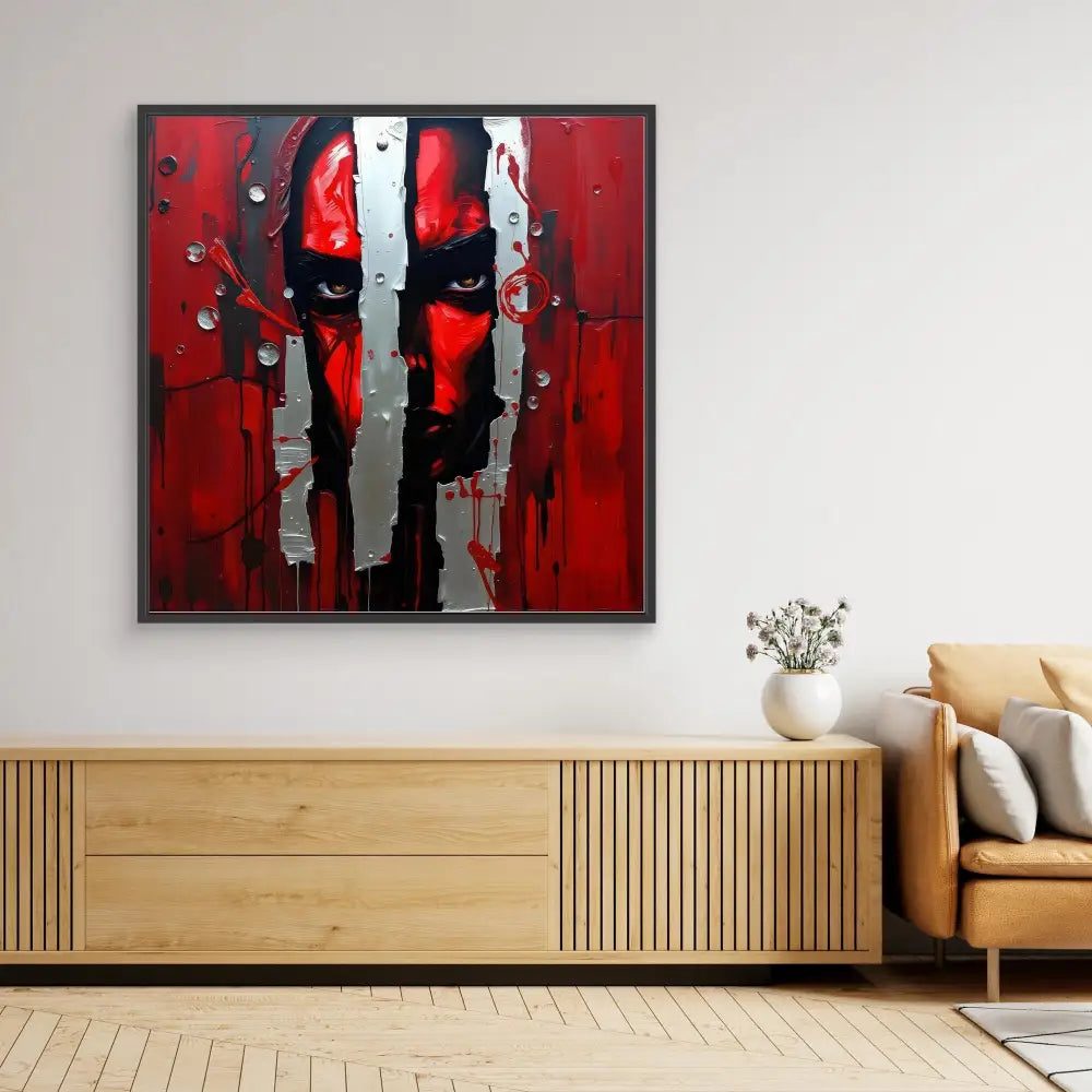 Abstract painting featuring bold red and black colors with vertical white streaks in a dramatic composition.