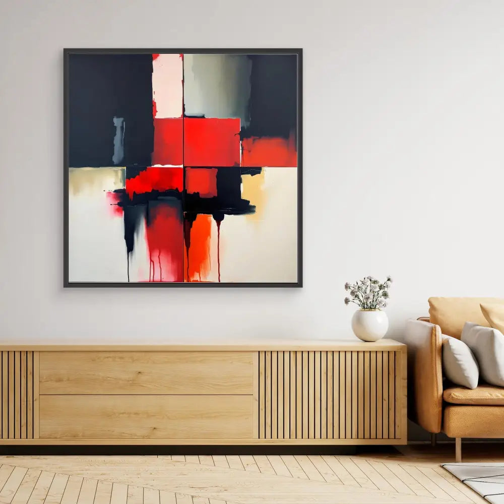 Abstract painting featuring bold red and black geometric shapes with dripping paint effects.