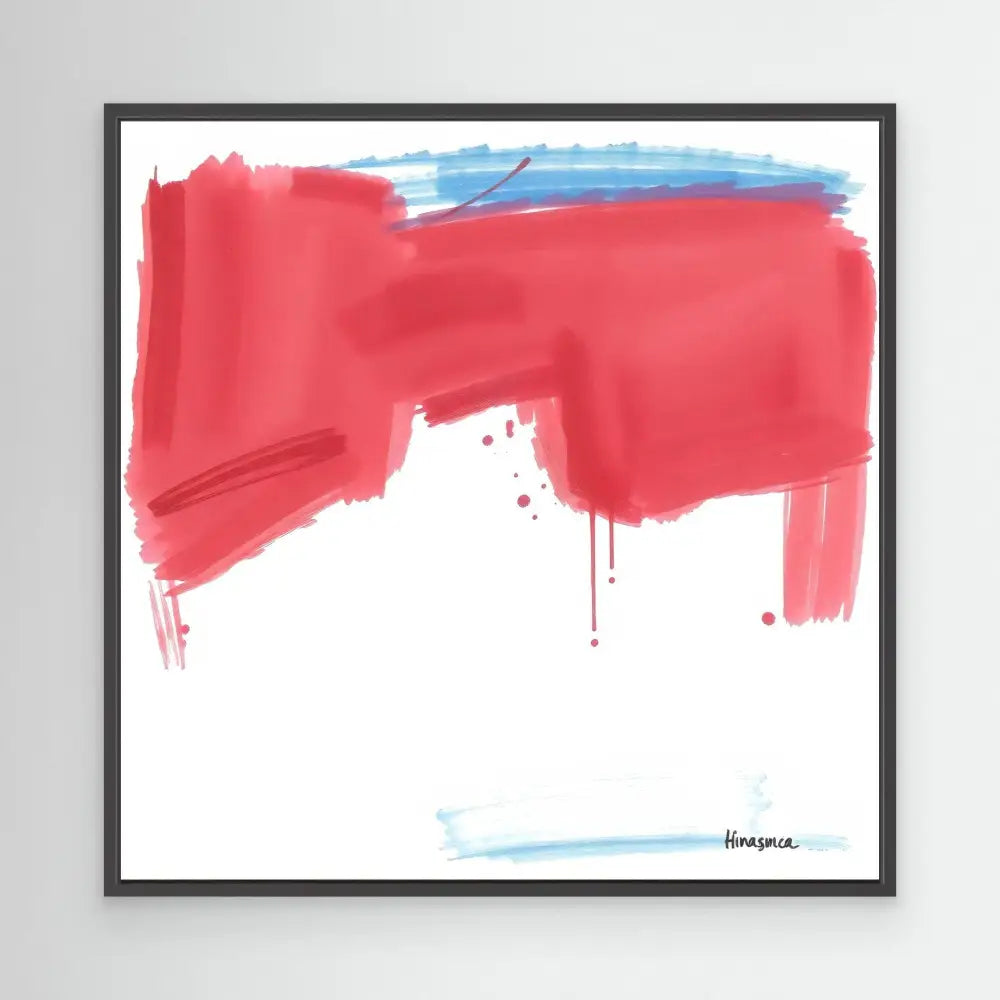 Abstract painting with bold red brushstrokes and subtle blue accents.