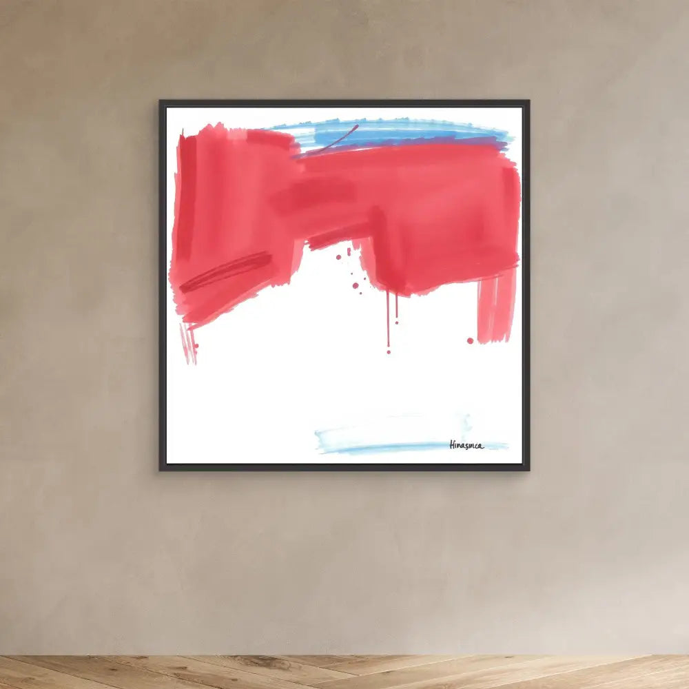 Abstract painting with bold red brushstrokes and subtle blue accents in a black frame.