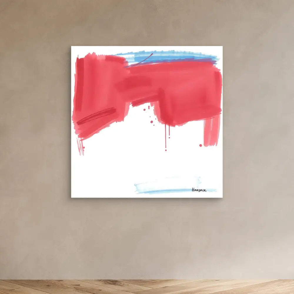 Abstract painting with bold red brushstrokes and subtle blue accents on white canvas.