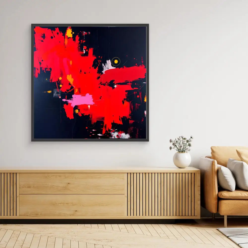 Abstract painting featuring bold red splashes against a black background.