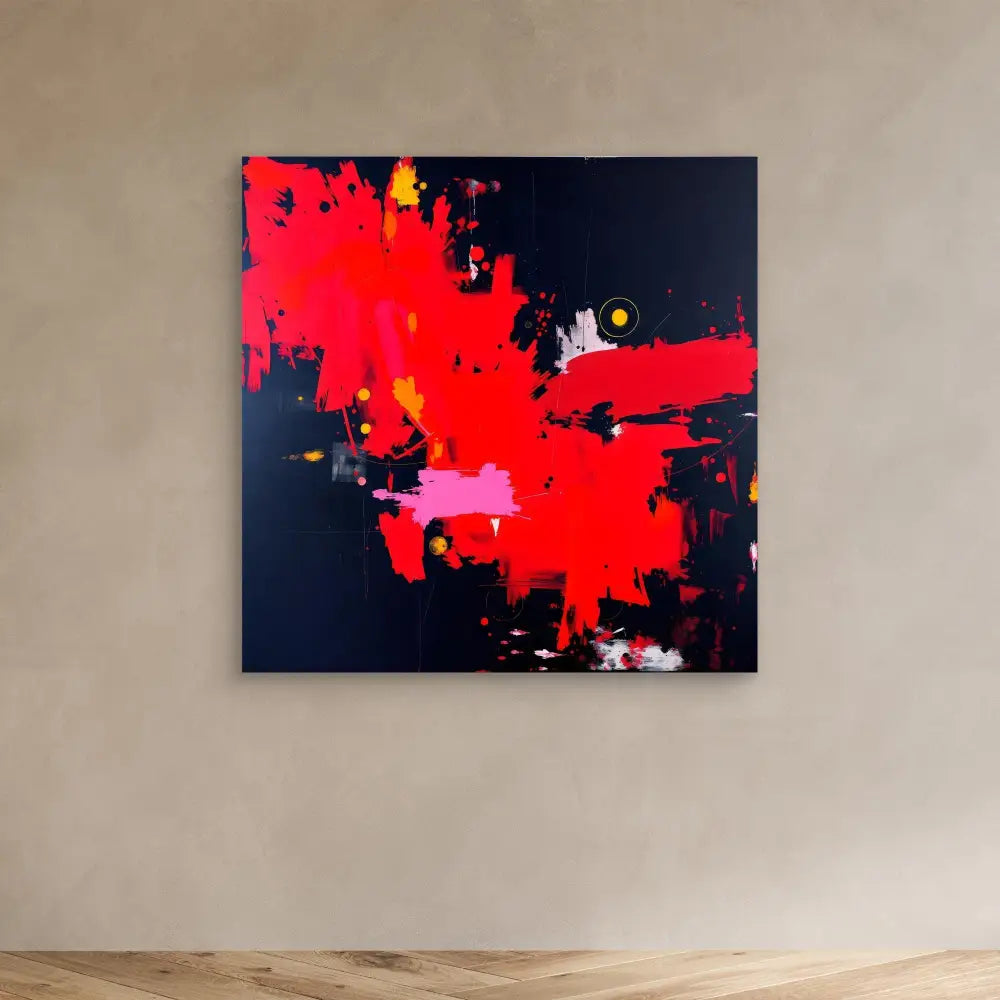 Abstract painting featuring bold red splashes against a black canvas.