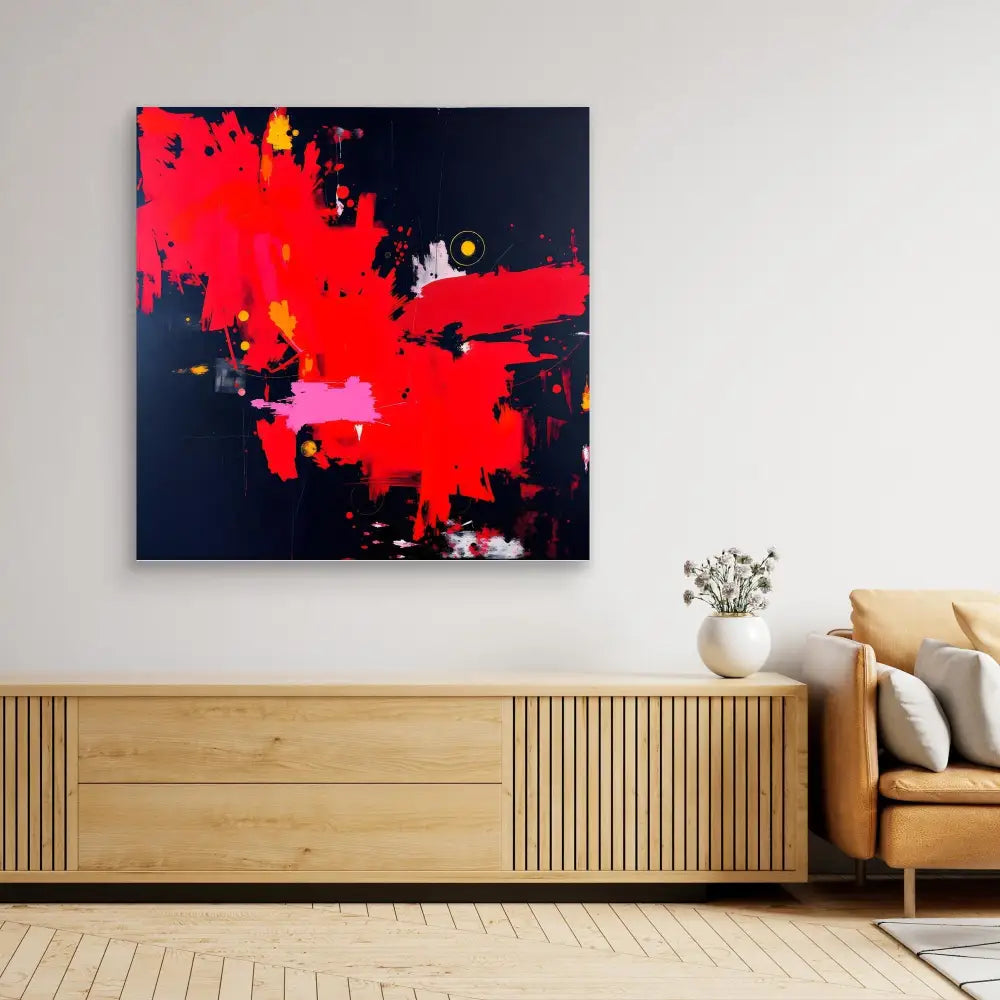 Abstract painting featuring bold red splashes against a dark navy background.